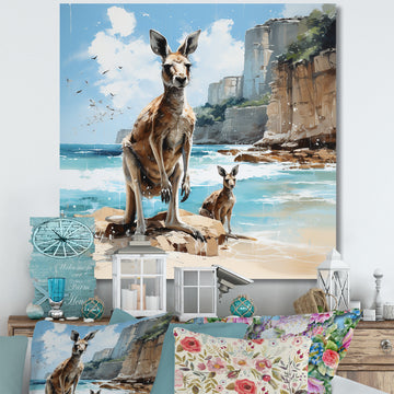 Kangaroo Family In Australia Coast - Blue Kangaroo Wall Art